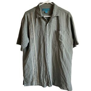 Paradise Blue Mens Luau Camp Button Up Shirt M Sage Green Hawaiian Embroidered